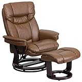 Flash Furniture Contemporary Multi-Position Recliner and Curved Ottoman with Swivel Mahogany Wood Base in Palimino LeatherSoft