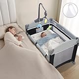 MURAMASA Cuna para Bebe con Mosquitera Corral para Bebe con 2 Ruedas Muebles para Bebe De Viaje Versátil para Tu Bebé Ideal para Bebés De 6-36 Meses De Edad（ Negro y Gris）