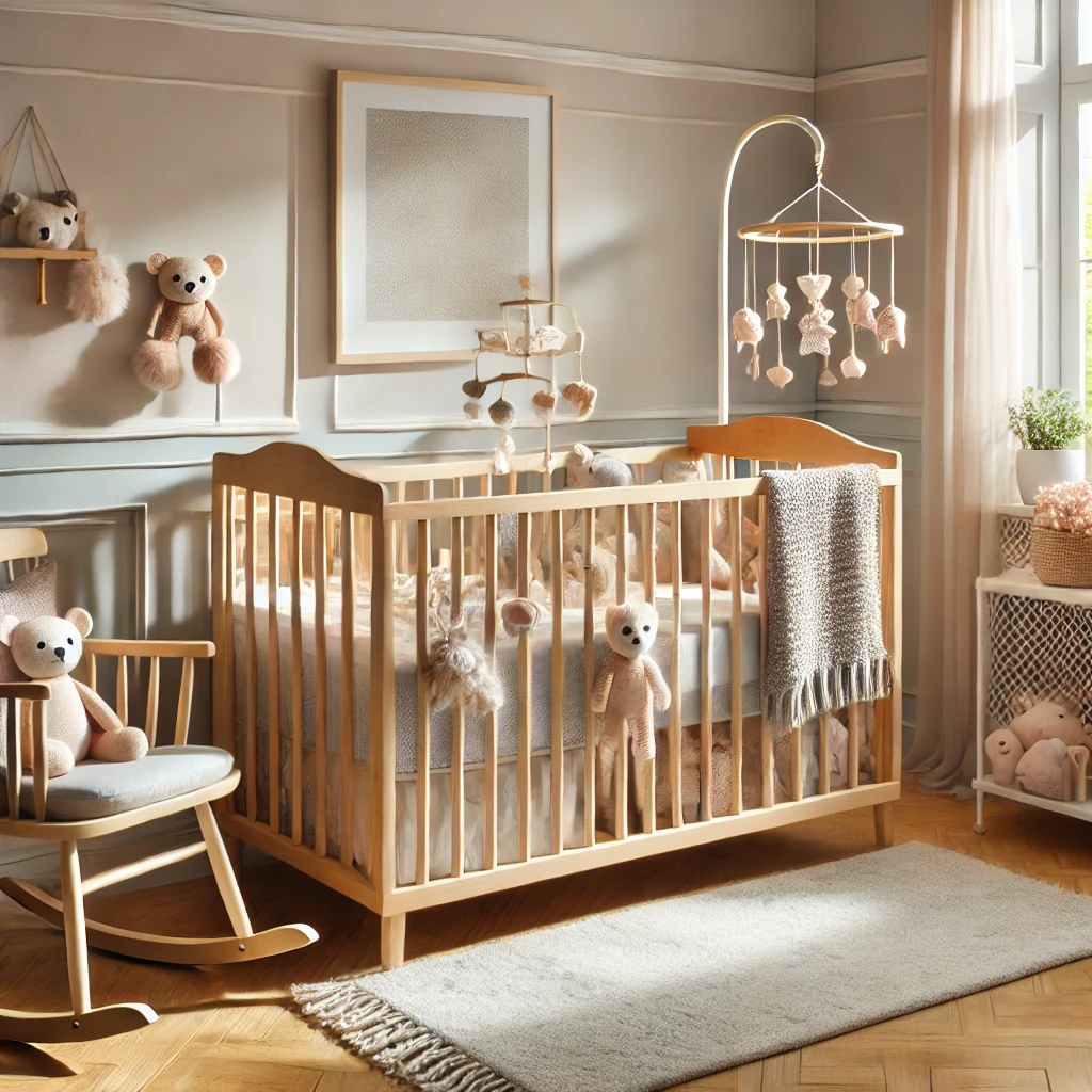 Habitación de bebé bellamente decorada con una cuna de madera clara en el centro. El cuarto, iluminado por la luz natural que entra por amplias ventanas, transmite una atmósfera serena y segura con paredes en tonos pastel, juguetes de peluche y un móvil colgante sobre la cuna.