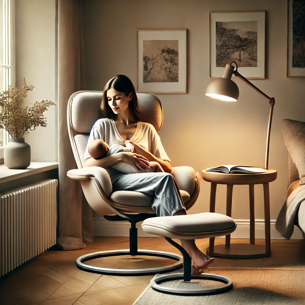 Una madre sentada en un sillón de lactancia ergonómico, con un diseño moderno y acolchado, amamantando a su bebé en un ambiente acogedor, iluminado con luz natural. El sillón tiene apoyabrazos suaves y un reposapiés, mientras que la madre se muestra relajada y cómoda, en un espacio bien decorado que incluye una mesa auxiliar con una lámpara y algunos libros.