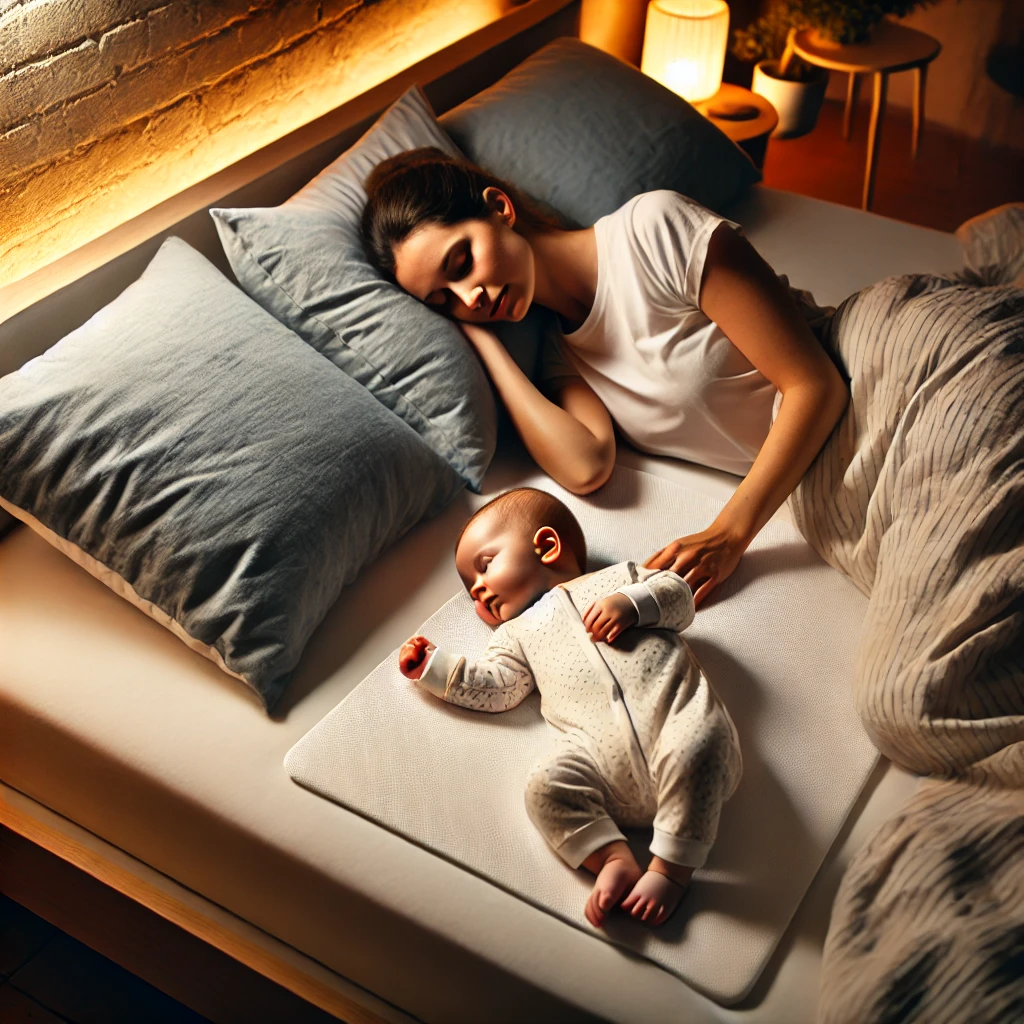 una cama acojedora con madre haciendo colecho con su bebe